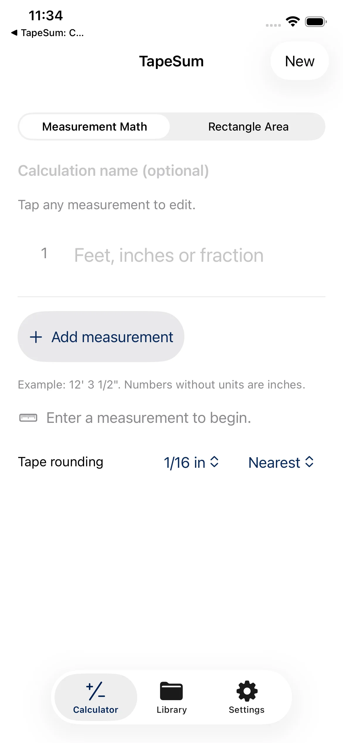 TapeSum calculator with Measurement Math and Rectangle Area modes, an editable measurement row and tape rounding controls