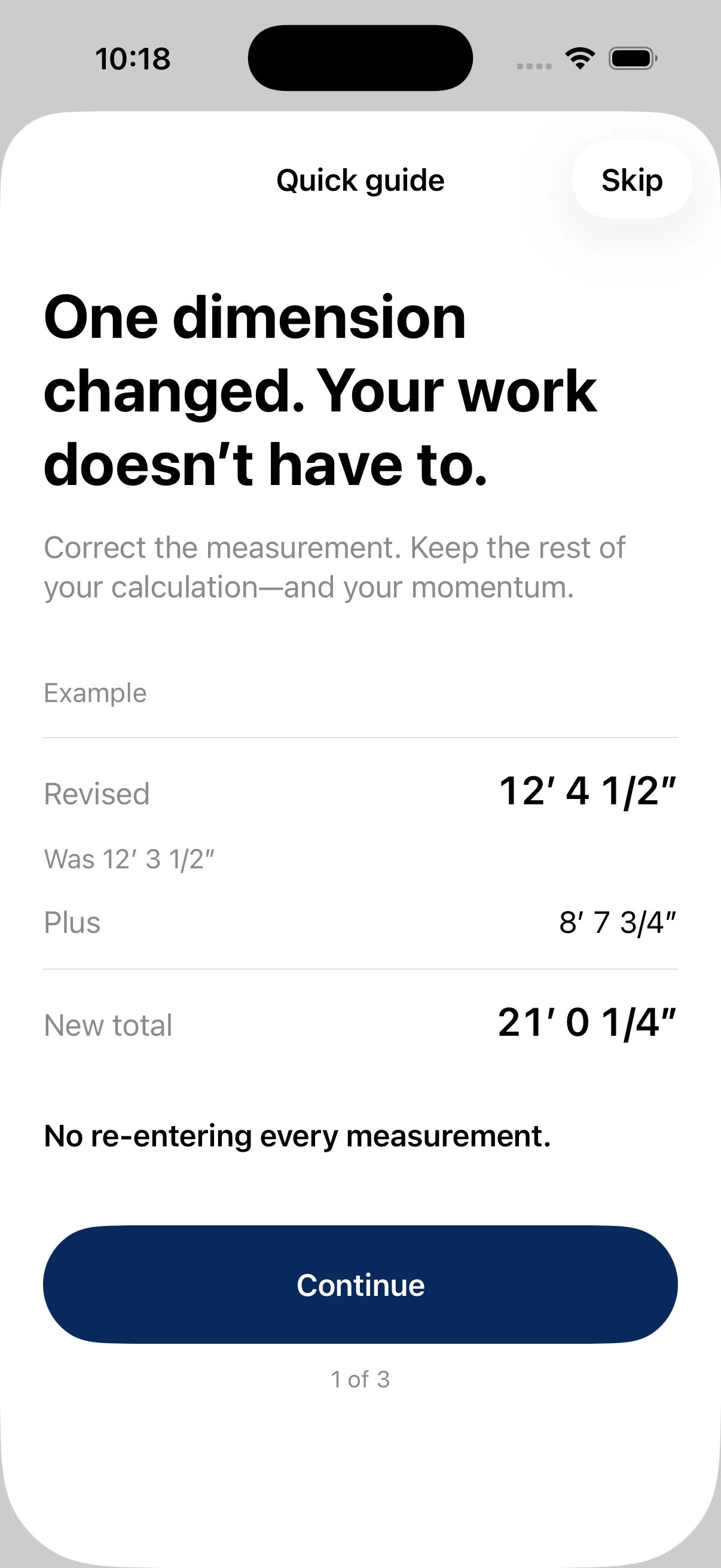 TapeSum optional onboarding example showing how revising one dimension updates a calculation without re-entering the other measurement