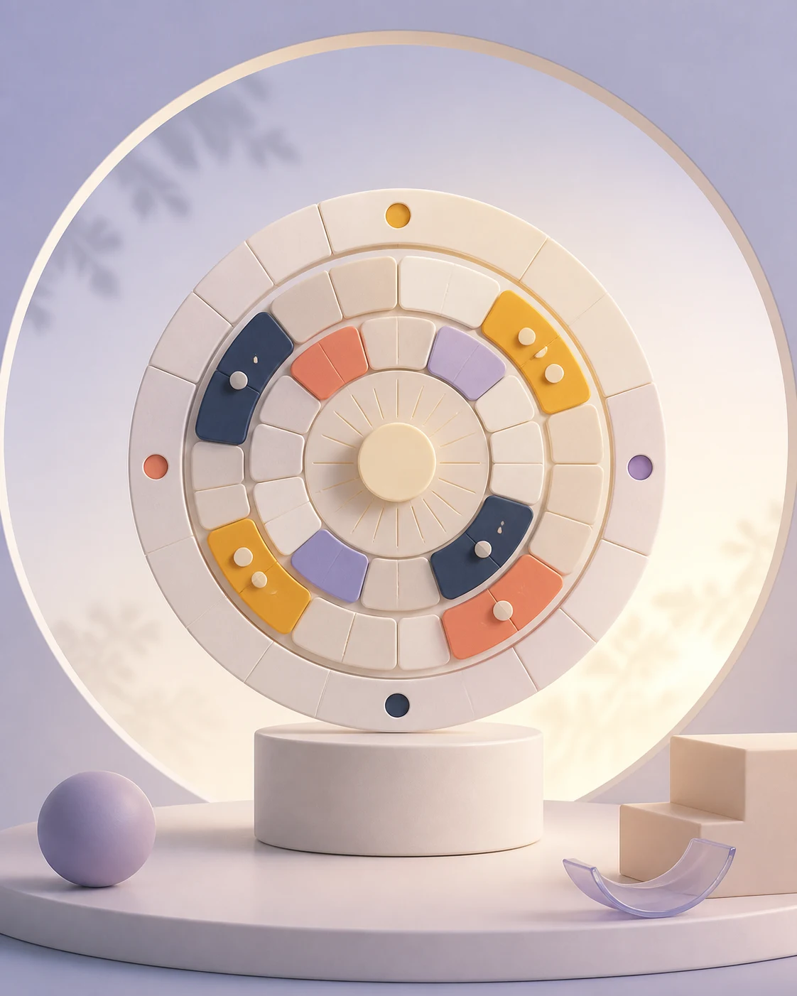 Sculptural concentric schedule rings showing a repeating rhythm of work and rest