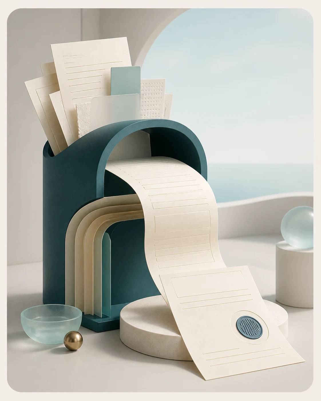 Layered paper documents flowing through a deep teal architectural cove into a finished form