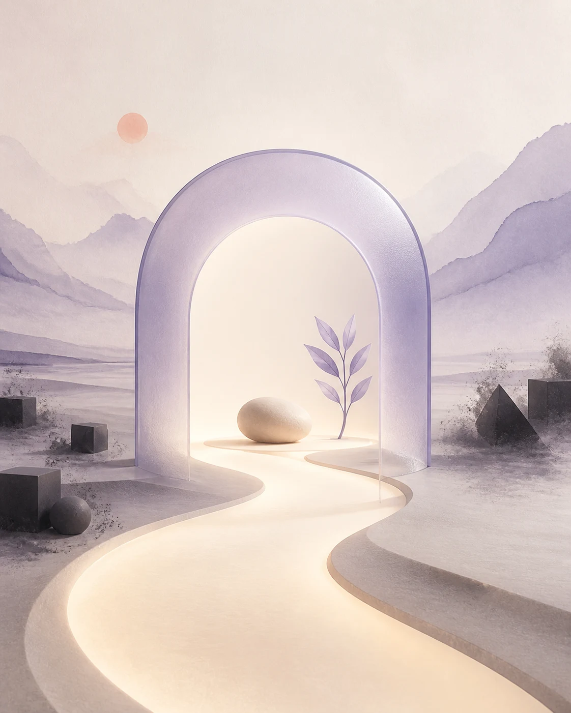 A calm illuminated path entering a protected lavender sanctuary while distractions remain outside
