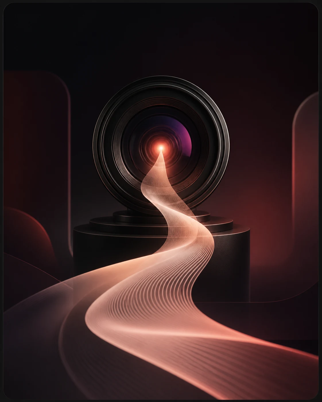 A luminous ribbon of lines flowing naturally toward a focused camera lens