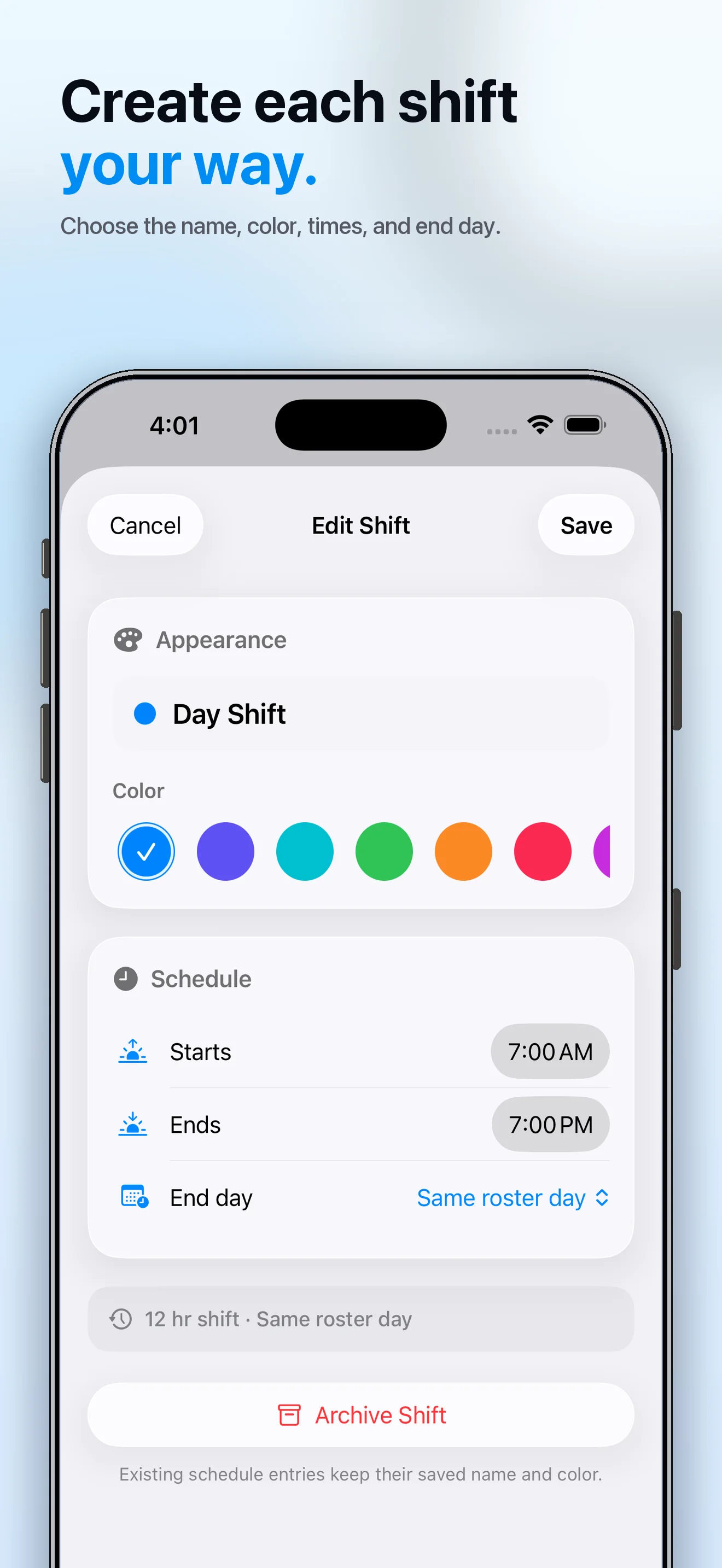 Custom shift settings in Shift Work Calendar