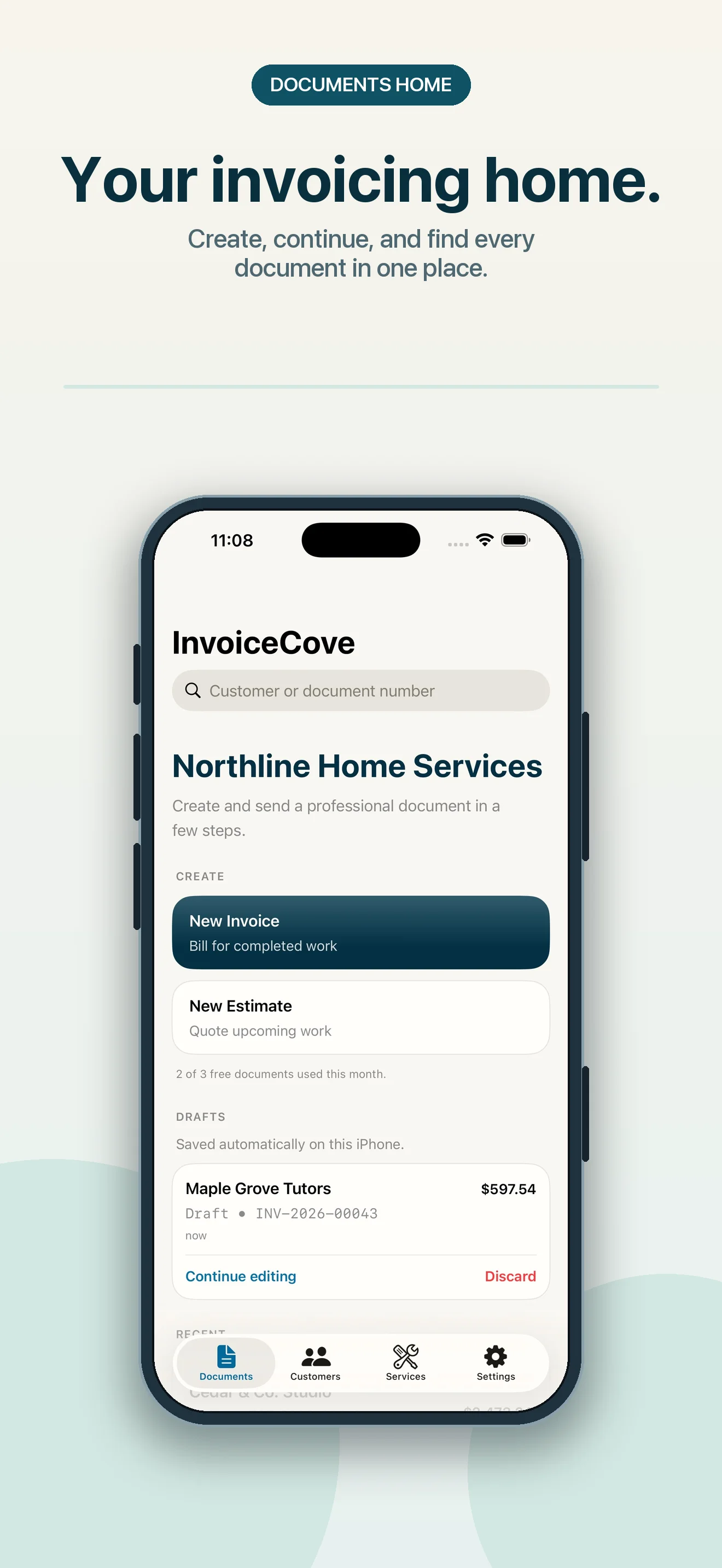 InvoiceCove documents home with invoices and estimates