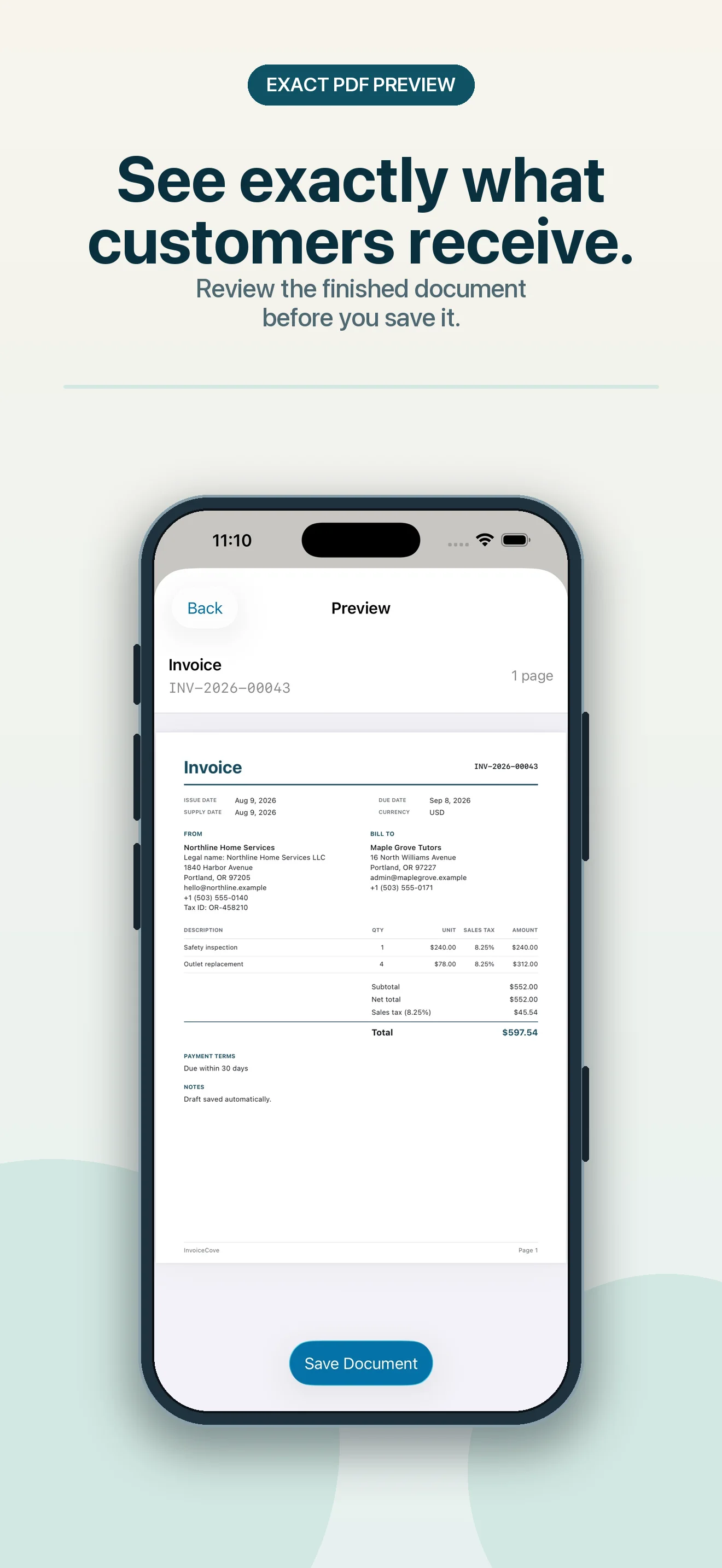 Previewing a finished invoice PDF in InvoiceCove