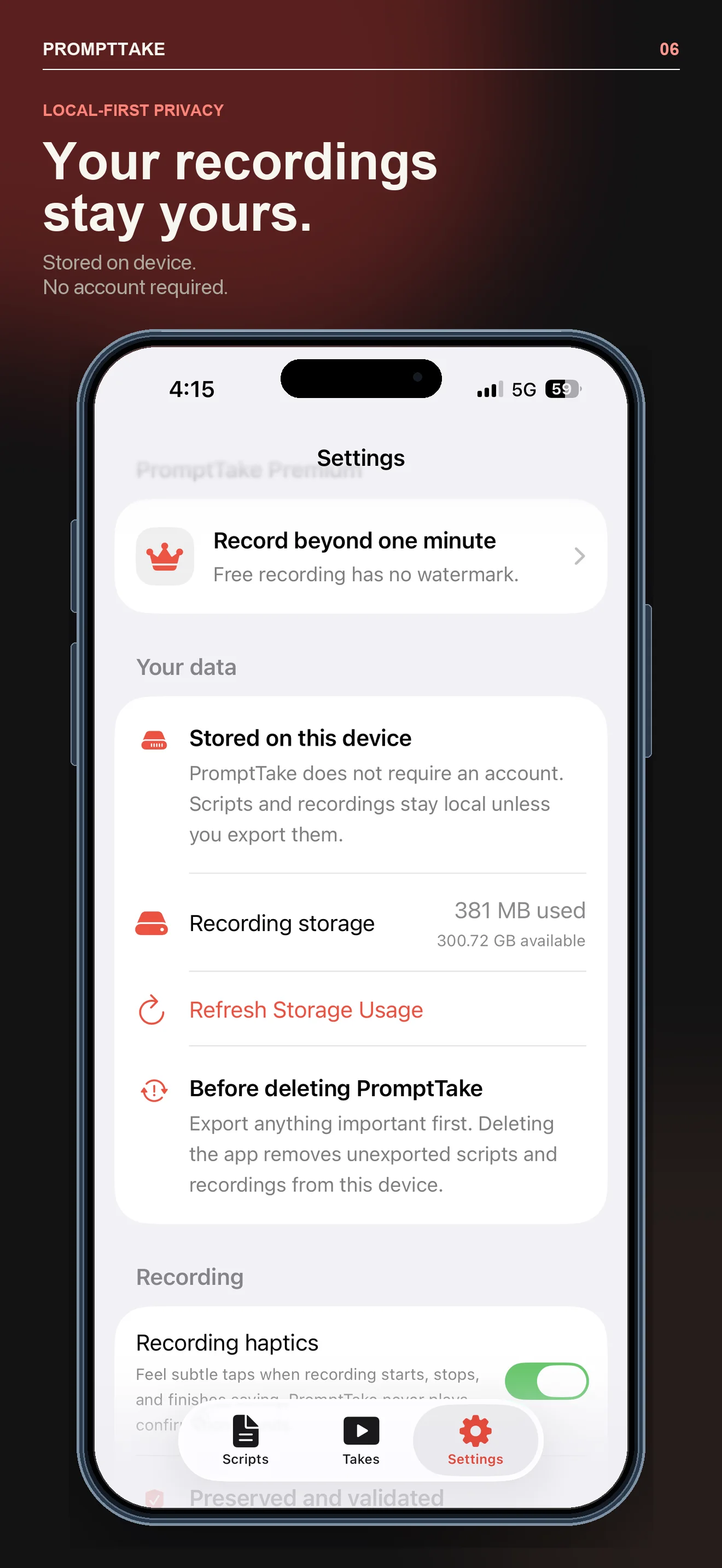 Local-first privacy screen in PromptTake