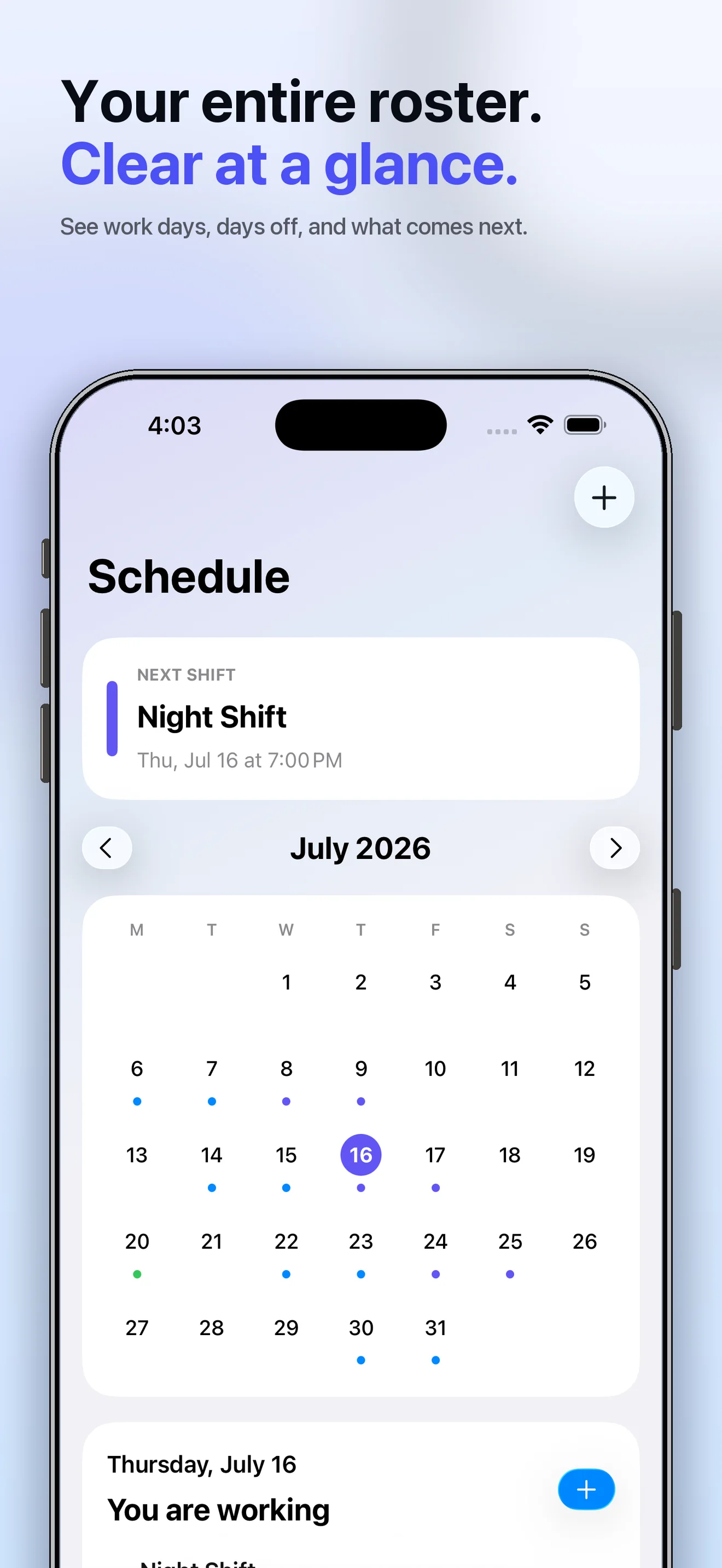Monthly shift roster in Shift Work Calendar