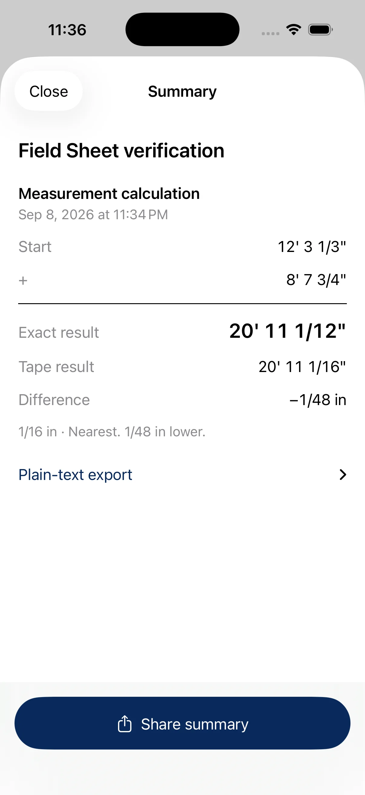 TapeSum pre-release example worksheet summary with aligned operands, exact and rounded results, rounding difference and Share summary