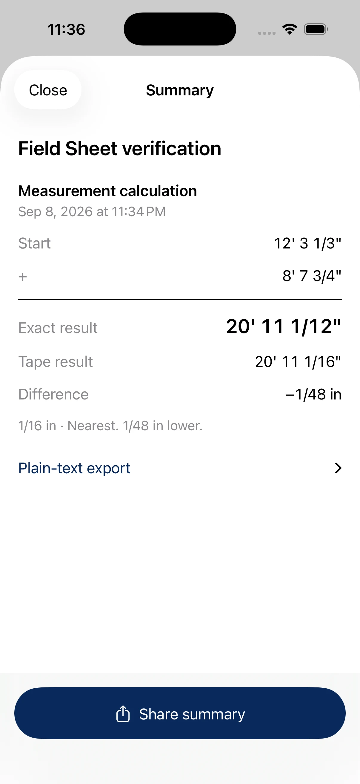 TapeSum worksheet summary showing original measurements, an exact result, a rounded tape result and the signed rounding difference